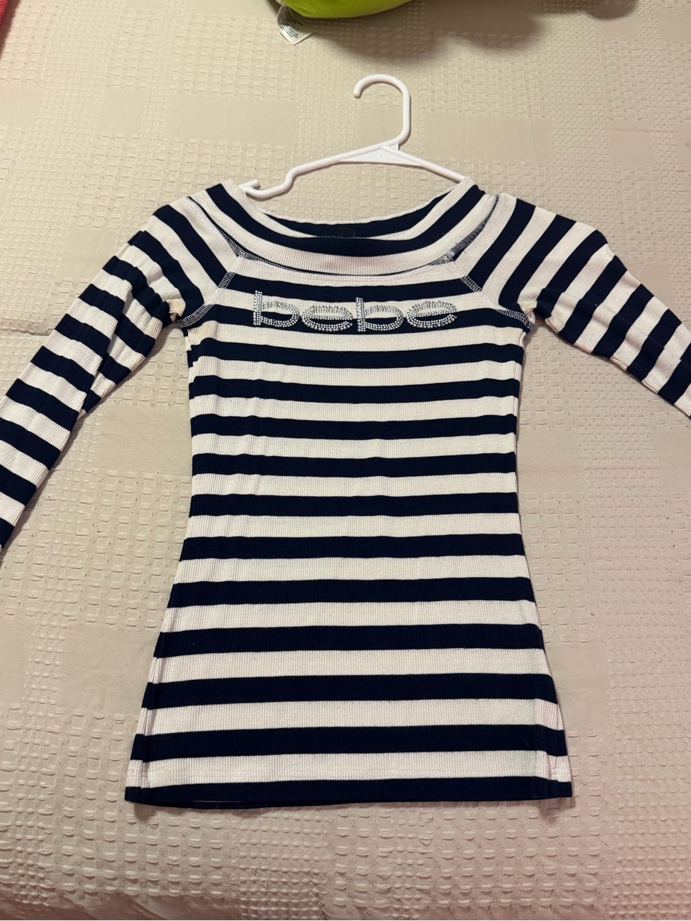 bebe Navy & White Striped Long Sleeve Tee with Logo